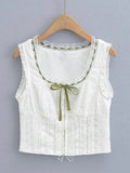 White Spliced Lace Ruched Slim Sexy Corset Women Summer Back Cross Lace-up Bandage Tank Tops Rope Square Collar Crop Top-Outfit