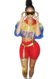 Contrast Color Hoody Crop Top and Biker Shorts Casual Two Piece