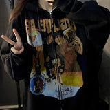 Grunge Vintage Print Black Oversize Women Hoodies Gothic Streetwear Zipper Hooded Sweatshirts Female Winter Fleece