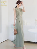 Han Queen Elegant Summe Business Jumpsuits Women O-Neck Split Wide Leg Trousers Long Playsuits Casual Work Wear Rompers-Outfit