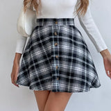 Black England Style High Waist Solid Button Mini A-Line