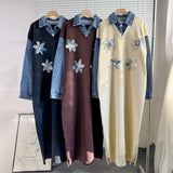 2025 New Cowboy Splicing Knitted Two-Piece Collar Dress Flower Nails Decorated Long Dress