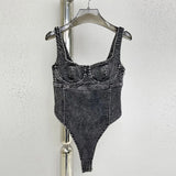 Denim Playsuits For Women Square Collar Sleeveless High Waist Patchwork Solid Minimalist Playsuit Female Summer
