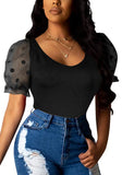 Sweet U-Neck Puff Sleeve Dot Print Regular