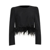 Casual Plain T Shirt For Women Round Neck Loose Long Sleeve Patchwork Feathers Pullovers Female 2022 Spring