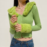 SUCHCUTE 2023 Streetwear Fashion Woman Cardigan Sweaters With Fur Trim Collar Korean Style Casual Female Cropped Sweater Knitted 319-1-Outfit