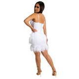 Sexy Straps See Through Solid Feather Bodycon