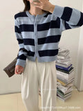Korea Dongmen 2024 Autumn New Black-And-White Striped Cardigan High-Grade Woolen Sweater Women's Knitted Blouse-Outfit