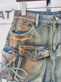 Women's Denim Skirts Multiple Pockets Patchwork Washed Lace-up Cargo A-line Mini Skirt 2024 Summer New Fashion 29L3411-Outfit