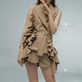 Solid Elegant Two Piece Set For Women Lapel Sleeveless Tops High Waist Shorts Patchwork Ruffle Sets Female