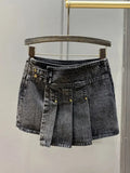 Women's Denim Skirt High Waist Pleated Patchwork Asymmetrical Black Retro Mini A-line Skirts 2024 Summer New Fashion 29L297-Outfit