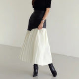Casual Patchwork Pu Skirt For Women High Waist Midi Folds Pleated Skirts Female 2022 Spring Fashion Clothing