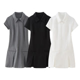 Spring Style Wide Pleated Lapel Short Slim Mini Dress 8342303-Outfit