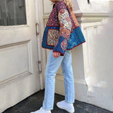 Women's Y2K Vintage Folk Floral Print Puffer Jacket Winter Warm Patchwork Quilted Coat Long Sleeve Button Up Outwear-Outfit