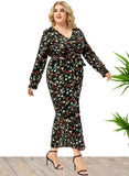 Plus Size Print V Neck Long Sleeve Slit Long