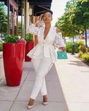 Elegant Ruffles Lace Cut Out Shoulder Long Sleeve Blazer And Pant