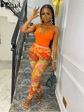 Summer Sexy Womens 2 Two Peice Set Outfits Sleeveless Backless Tops Skinny Mesh Skinny Print Pants Sets Blue Matching