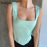 Strap Sleeveless Skinny Sexy Green Casual Tight Women Cropped Corset Tops Summer Mini Vest Bustier Tank Tops