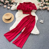 Summer Green/Black/Red Two Piece Set Women Sexy Slash Neck Short Tops + High Waist Wide Leg Pants Female Suit