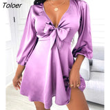 Women's Mini Satin Puff Sleeve Plunge Tie Front Dress Solid Bow Summer Spring Party Casual Chic Sexy V Neck
