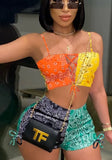 Printed Sexy Sleeveless Crop Top Hollow Out Two Piece Shorts