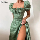 2022 Off Shoulder Print Floral Sexy Dress Women Vintage Elegant High Split Sundress Ruched Drawstring Casual Maxi