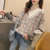 Winter Korean Female Geometric Jacquard Sweaters Vintage Fashion Patchwork Turtleneck Knitted Jumpers Women's