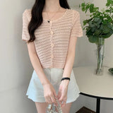 Row Hollow T-Shirt Women's Summer New Cardigan Short Leisure Thin Solid Color Temperament Short-Sleeved Top