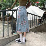 Fashion Denim Long Skirts For Womens Summer Blue High Waist Raw Edge Slit Vintage Washed Printing Korean Style Casual