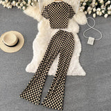 Summer Women Fashion Retro Plaid Set Short Sleeve Slim Short Tops+High Waist Long Flared Pants Two Piece