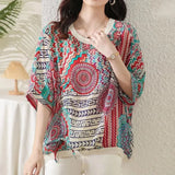 Women's Fashion Casual Temperament Street Thin Chiffon Half Sleeve Shirt Retro Printed Bat Sleeve Loose Comfortable Top-Outfit
