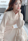 Dresses for Women Party Long Sleeve Midi Patchwork Knitted Sweater Dress Lace Stand Collar A-Line Chinese Style Winter