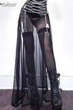 Sexy Mesh See Through Strappy Chain Slit Long Skirts for Women Rave Outfit Gothic Punk Clothes Black Skirt