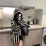 Autumn Winter Striped Sweaters Female Clothing Casual Long Sleeve Korean Loose Stylish Hooded Pockets Knitted Cardigan-Outfit