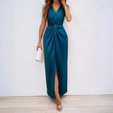 Summer Women's Elegant Kinesy Sleeveless V-Neck Opening And Repair Body Temperament Dress Dress