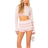 Women Shorts Outfits Solid Color O-Neck Flare Long Sleeve Knit Sweater Crop Tops+Layered Ruffles Shorts 2 Pieces Set-Outfit