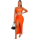 Solid Color Sexy Crop Top And Slit Skirt Two Piece
