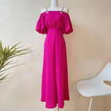 Solid Wide Leg Pants For Women Square Collar Short Sleeve Off Shoulder Patchwork Chain Solid Jumpsuit Female