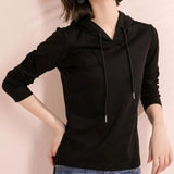 Women's Spring Autumn Solid Drawstring Bandage Hooded Long Sleeved T-shirt Undershirt Fashion Casual Loose Office Lady Tops-Outfit