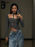 Summer New Fashion Top Women's Sexy Perspective Mesh Gauze Long Sleeve Square Neck T-shirt Street Casual Clothing Hot-Outfit