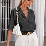 Sleeve Satin Blouse Women 2023 Summer Notched White Silk Shirt Elegant Office Lady Simple Button Up Casual Shirts