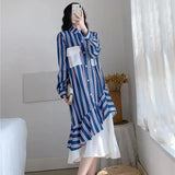 Clothing Striped Spliced Dresses Stylish Asymmetrical Fake Two Pieces Spring Autumn Polo-Neck Single-breasted Midi