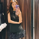 Sense A Dress 2025 Autumn New Standing Collar Sleeveless Solid Color Feathers Spliced Dress Dress