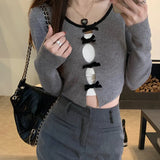 Women Elegant Fairycore Knitted Tops Long Sleeve T-shirt V Neck Hollowed Out Bowknot Slim Fit Pullovers Fall Clubwear-Outfit