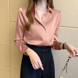 Spring Office Lady Silk Blouse New Satin Shirts Women Chiffon Blouses Turn Down Collar Long Sleeve Tops Casual Loose