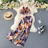Bohemian Floral Two Piece Set Women Sexy Slash Neck Spaghetti Strap Short Tops + High Waist Wide Leg Pants Pleated 2pcs Suit