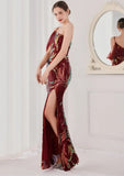 Sequin One Shoulder Slit Long Evening
