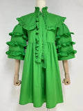 Sweet Solid Mini Dress For Women Peter Pan Collar Loose Sleeve Patchwork Ruched Folds High Waist Dresses Female 2023