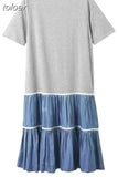 Casual Patchwork Folds Dress For Women Round Neck Short Sleeve Loose Waist Long Dresses Female 2023 Fashion Summer