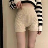 Womens Autumn Winter Skinny Basic Yoga Shorts Solid Color High Waist Knitted Slim Thighs Stretchy Short Pants-Outfit